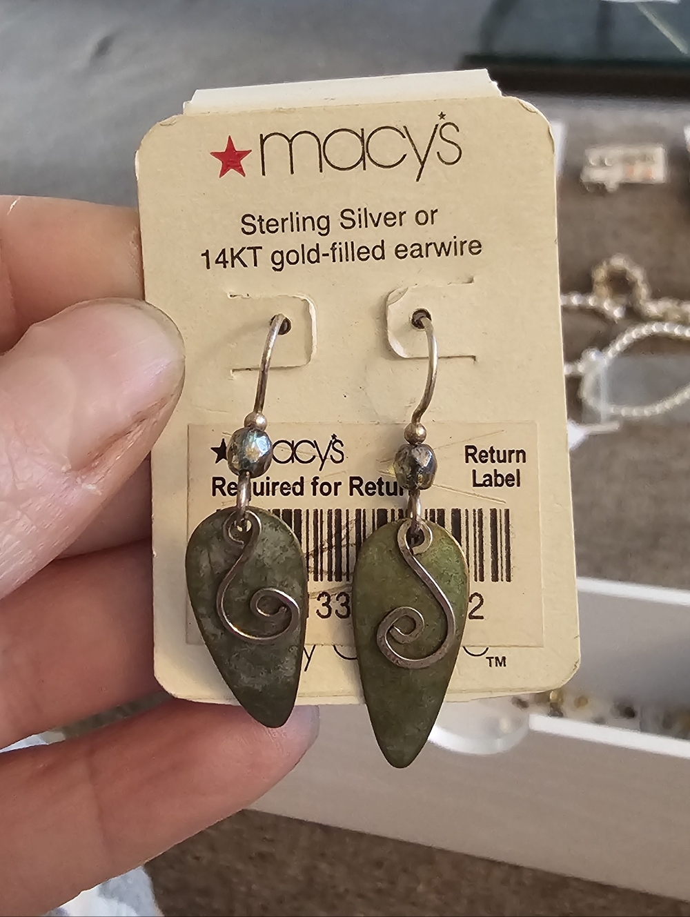Clearance Sale! Olive Green Teardrop Stone Earrings with Metal Swirl